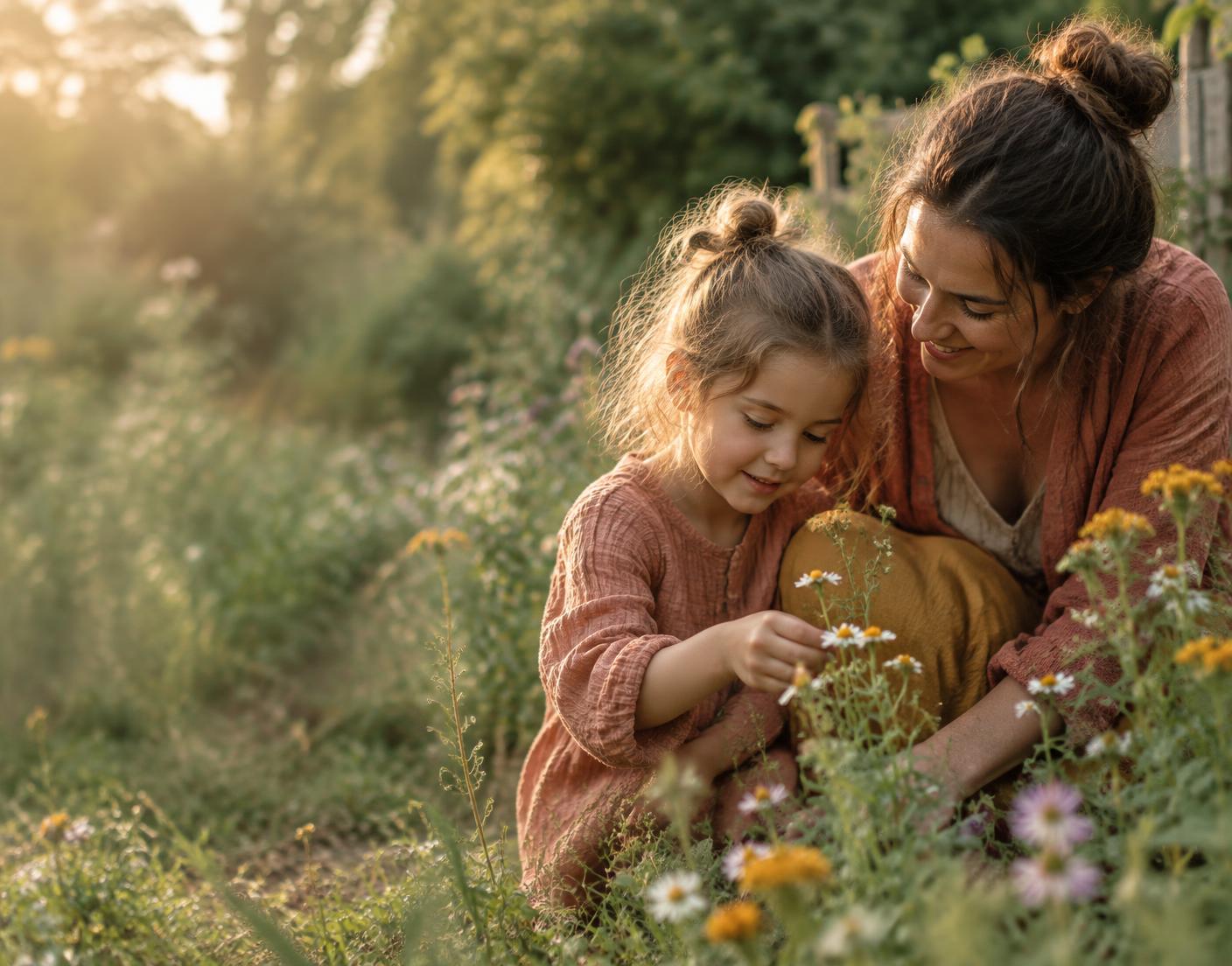 Moeder en kind ontdekken samen bloemen in de tuin